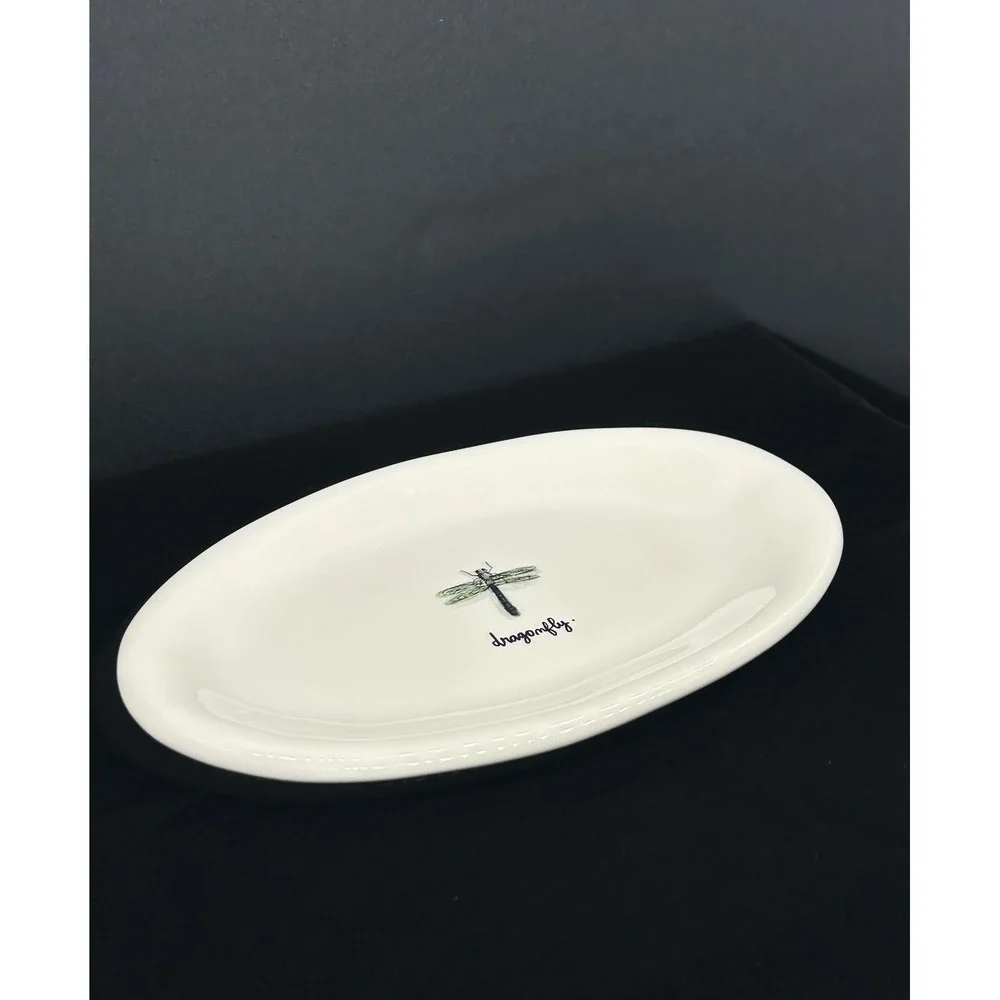 Rae Dunn Artisan Collection Dragonfly Oval Ceramic Trinket Dish White Magenta